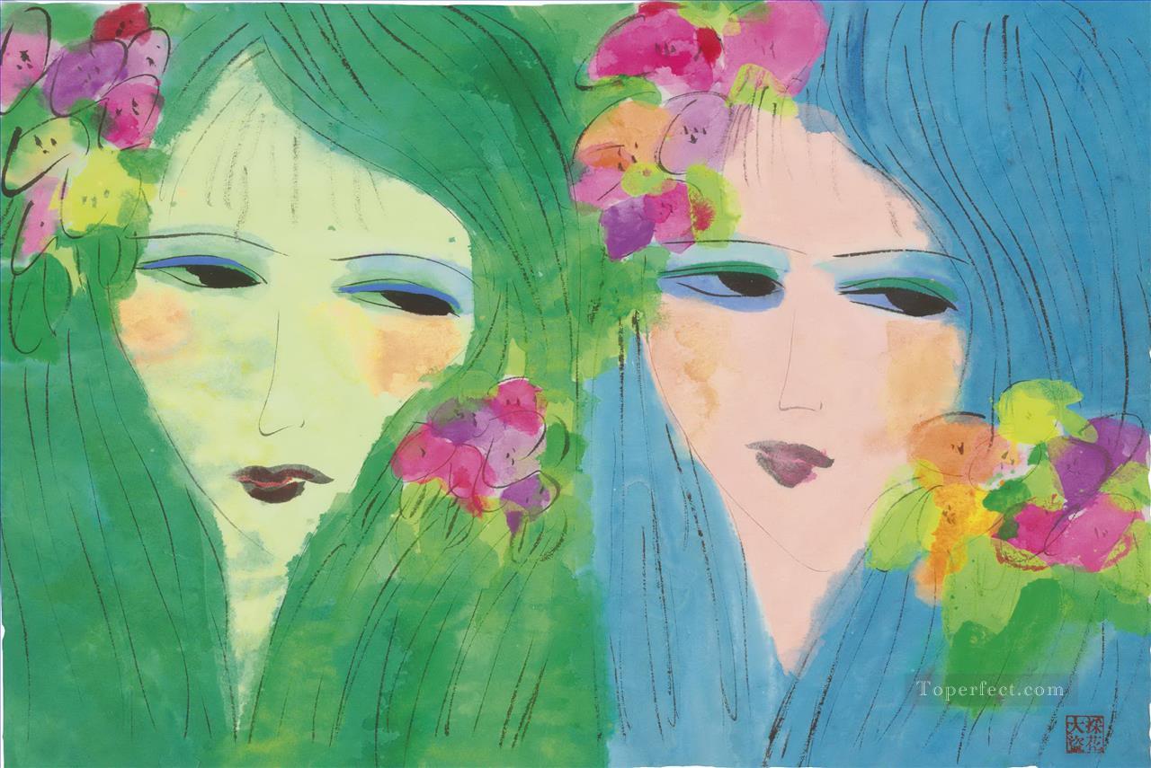 Two Ladies with Flowers in their Hair Modern Oil Paintings